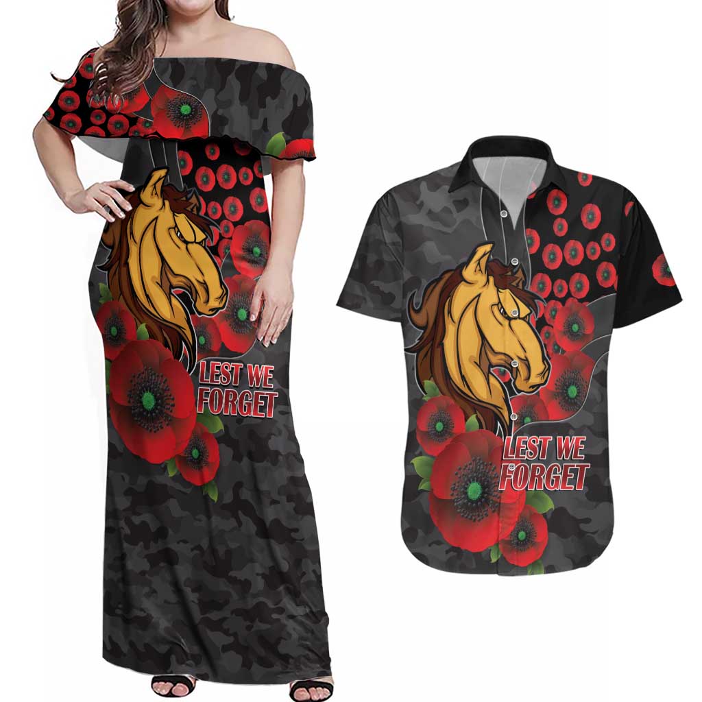 Brisbane Broncos ANZAC Personalised Couples Matching Off Shoulder Maxi Dress and Hawaiian Shirt Lest We Forget Poppy Camo