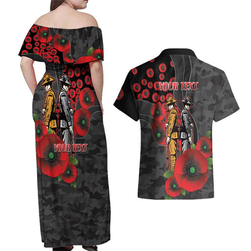 Brisbane Broncos ANZAC Personalised Couples Matching Off Shoulder Maxi Dress and Hawaiian Shirt Lest We Forget Poppy Camo