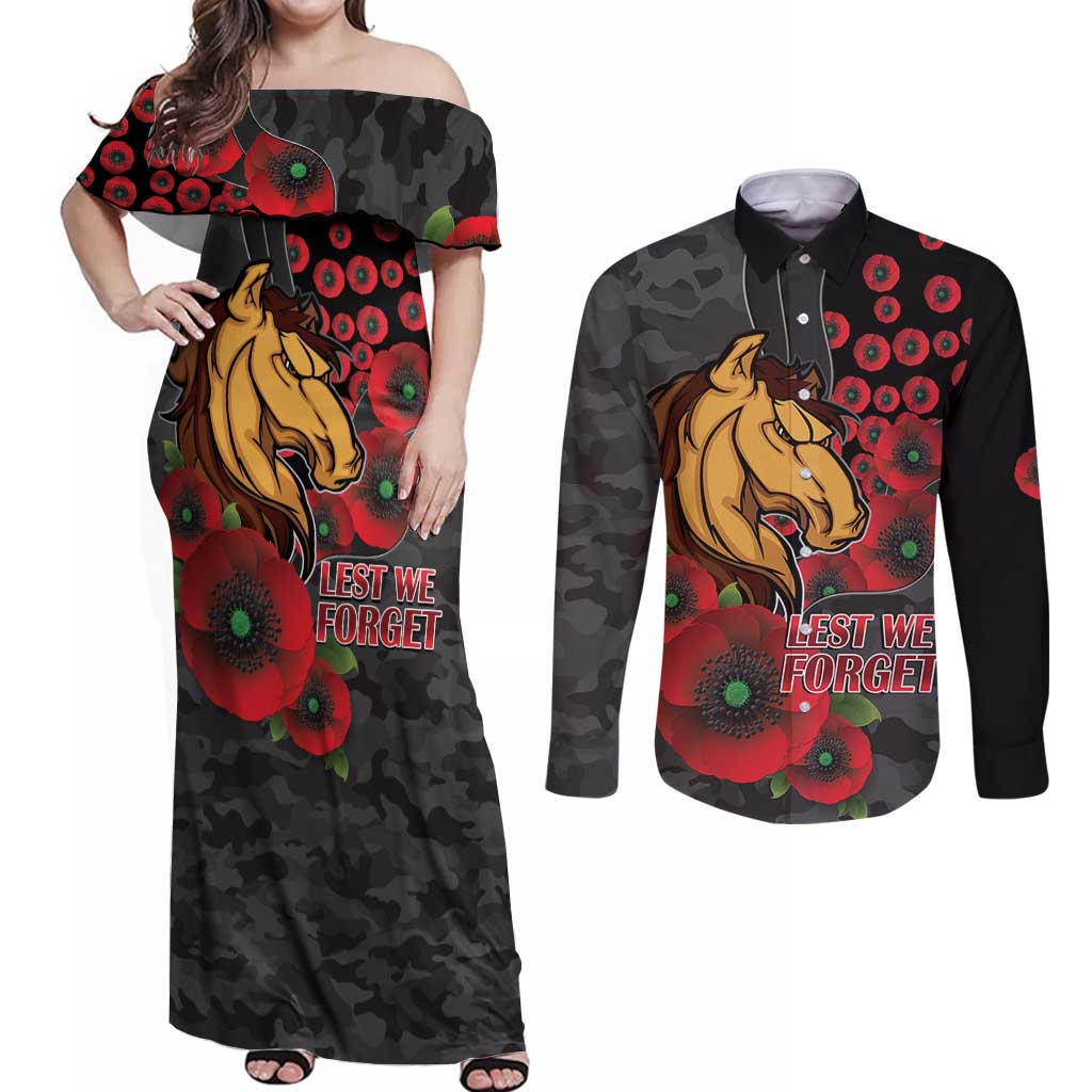 Brisbane Broncos ANZAC Personalised Couples Matching Off Shoulder Maxi Dress and Long Sleeve Button Shirt Lest We Forget Poppy Camo