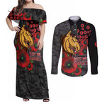 Brisbane Broncos ANZAC Personalised Couples Matching Off Shoulder Maxi Dress and Long Sleeve Button Shirt Lest We Forget Poppy Camo