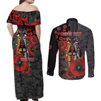 Brisbane Broncos ANZAC Personalised Couples Matching Off Shoulder Maxi Dress and Long Sleeve Button Shirt Lest We Forget Poppy Camo