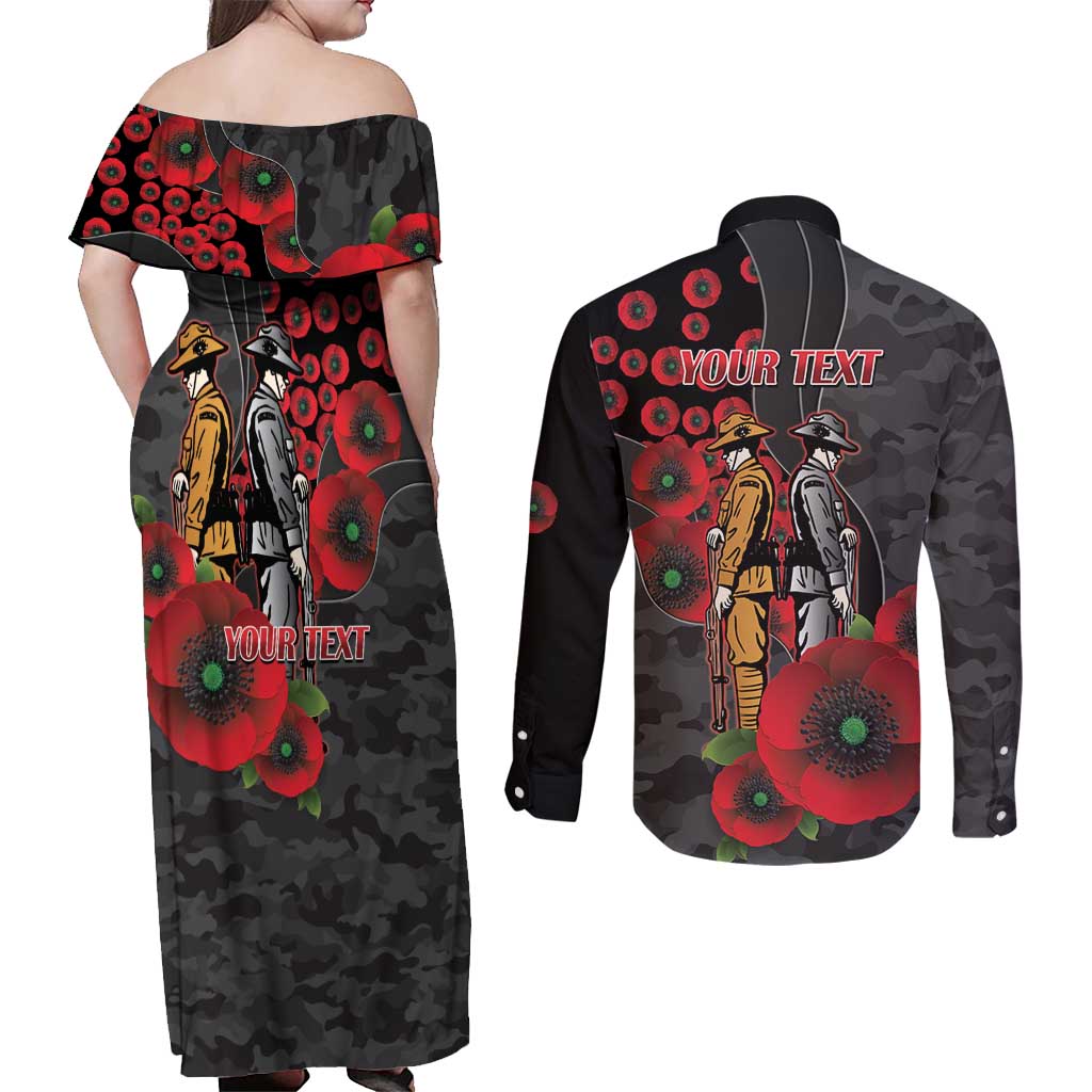 Brisbane Broncos ANZAC Personalised Couples Matching Off Shoulder Maxi Dress and Long Sleeve Button Shirt Lest We Forget Poppy Camo
