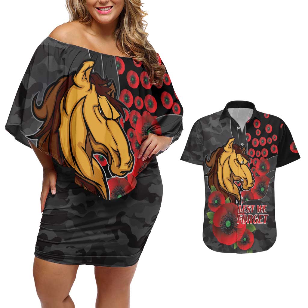 Brisbane Broncos ANZAC Personalised Couples Matching Off Shoulder Short Dress and Hawaiian Shirt Lest We Forget Poppy Camo