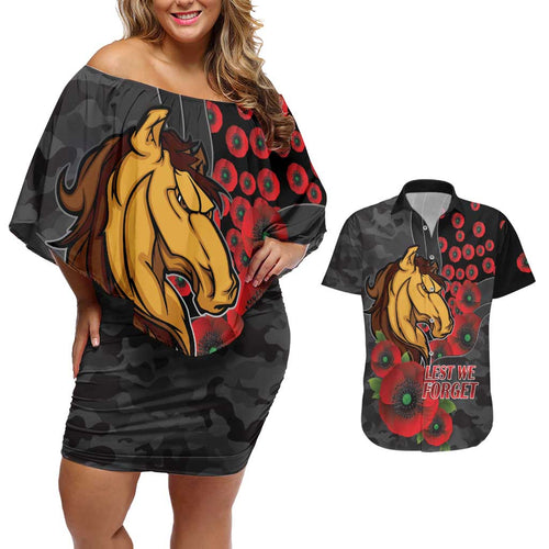 Brisbane Broncos ANZAC Personalised Couples Matching Off Shoulder Short Dress and Hawaiian Shirt Lest We Forget Poppy Camo