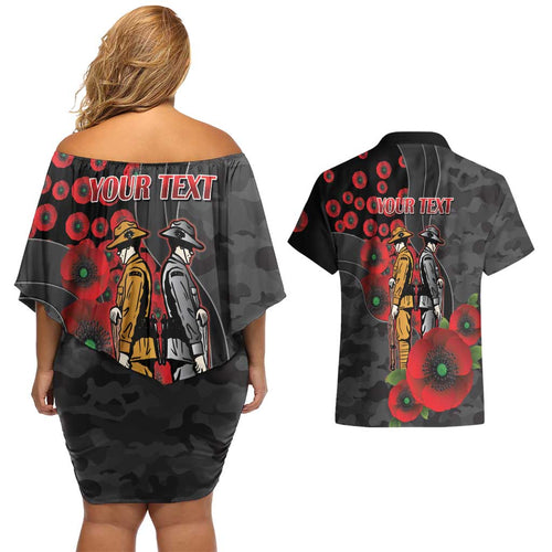 Brisbane Broncos ANZAC Personalised Couples Matching Off Shoulder Short Dress and Hawaiian Shirt Lest We Forget Poppy Camo