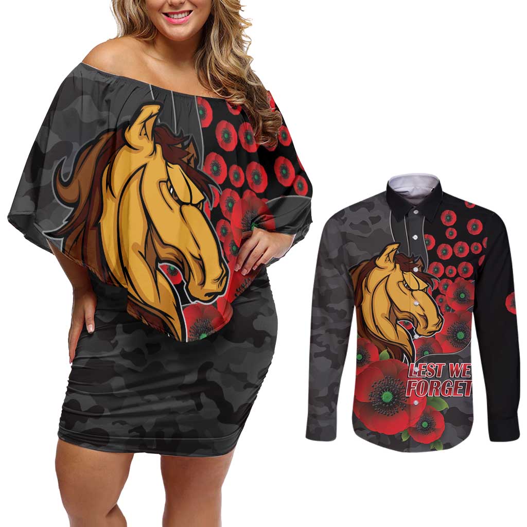 Brisbane Broncos ANZAC Personalised Couples Matching Off Shoulder Short Dress and Long Sleeve Button Shirt Lest We Forget Poppy Camo