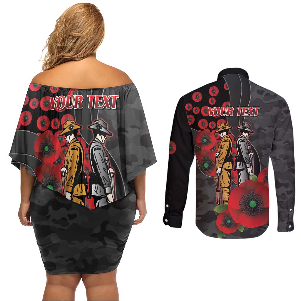 Brisbane Broncos ANZAC Personalised Couples Matching Off Shoulder Short Dress and Long Sleeve Button Shirt Lest We Forget Poppy Camo