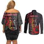 Brisbane Broncos ANZAC Personalised Couples Matching Off Shoulder Short Dress and Long Sleeve Button Shirt Lest We Forget Poppy Camo