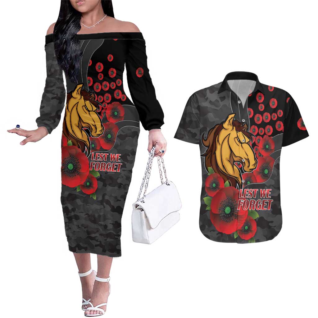 Brisbane Broncos ANZAC Personalised Couples Matching Off The Shoulder Long Sleeve Dress and Hawaiian Shirt Lest We Forget Poppy Camo