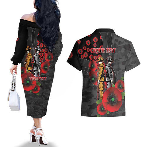 Brisbane Broncos ANZAC Personalised Couples Matching Off The Shoulder Long Sleeve Dress and Hawaiian Shirt Lest We Forget Poppy Camo