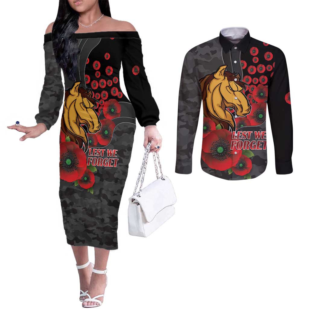 Brisbane Broncos ANZAC Personalised Couples Matching Off The Shoulder Long Sleeve Dress and Long Sleeve Button Shirt Lest We Forget Poppy Camo
