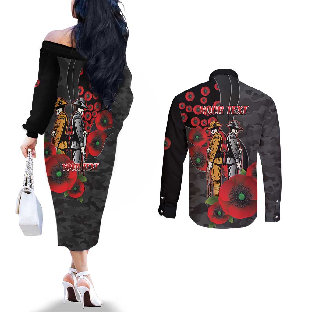 Brisbane Broncos ANZAC Personalised Couples Matching Off The Shoulder Long Sleeve Dress and Long Sleeve Button Shirt Lest We Forget Poppy Camo