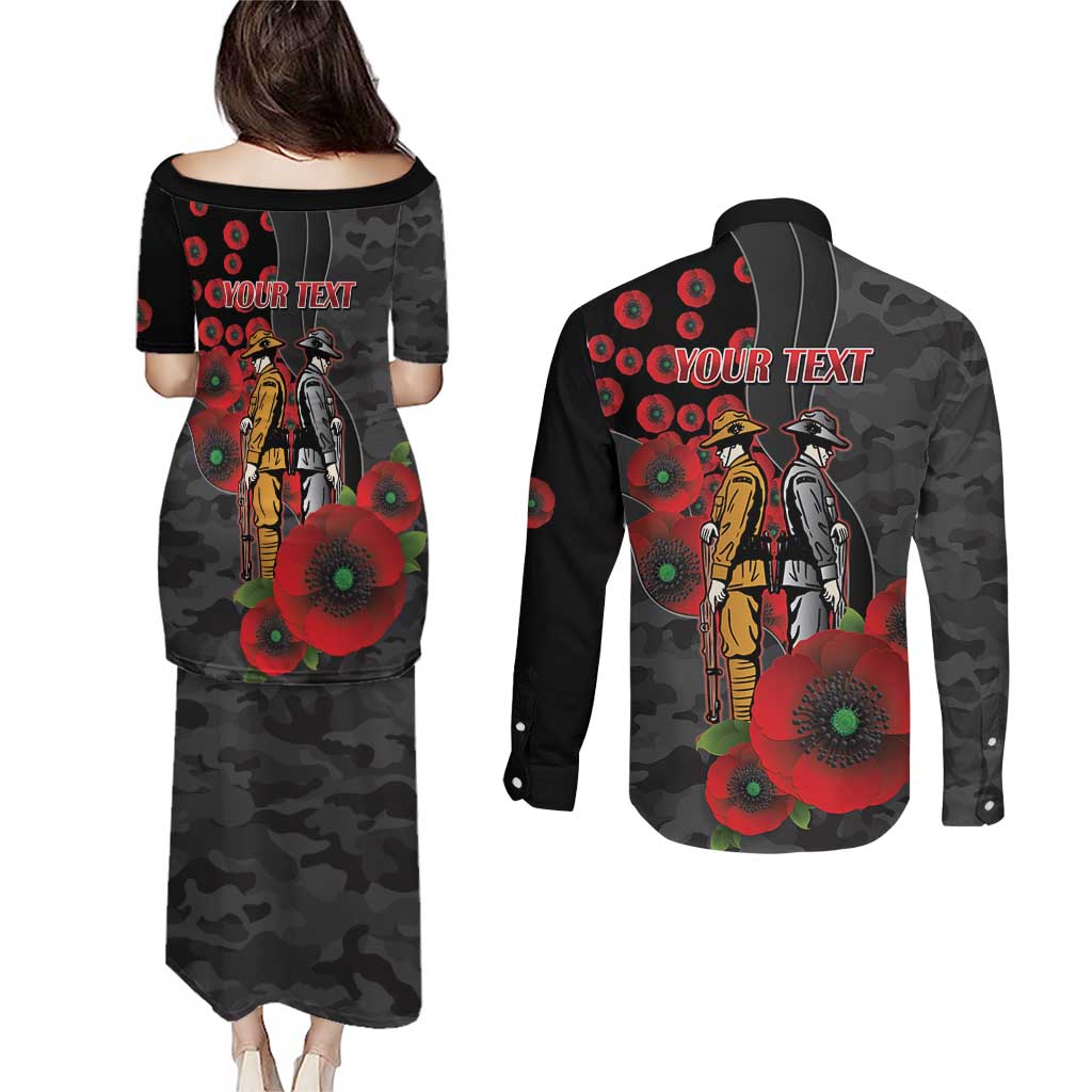 Brisbane Broncos ANZAC Personalised Couples Matching Puletasi and Long Sleeve Button Shirt Lest We Forget Poppy Camo