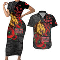 Brisbane Broncos ANZAC Personalised Couples Matching Short Sleeve Bodycon Dress and Hawaiian Shirt Lest We Forget Poppy Camo