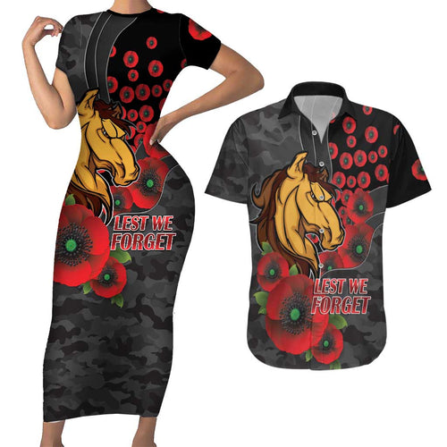 Brisbane Broncos ANZAC Personalised Couples Matching Short Sleeve Bodycon Dress and Hawaiian Shirt Lest We Forget Poppy Camo