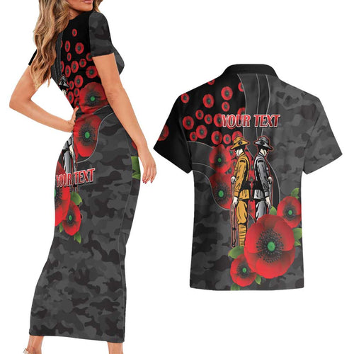 Brisbane Broncos ANZAC Personalised Couples Matching Short Sleeve Bodycon Dress and Hawaiian Shirt Lest We Forget Poppy Camo