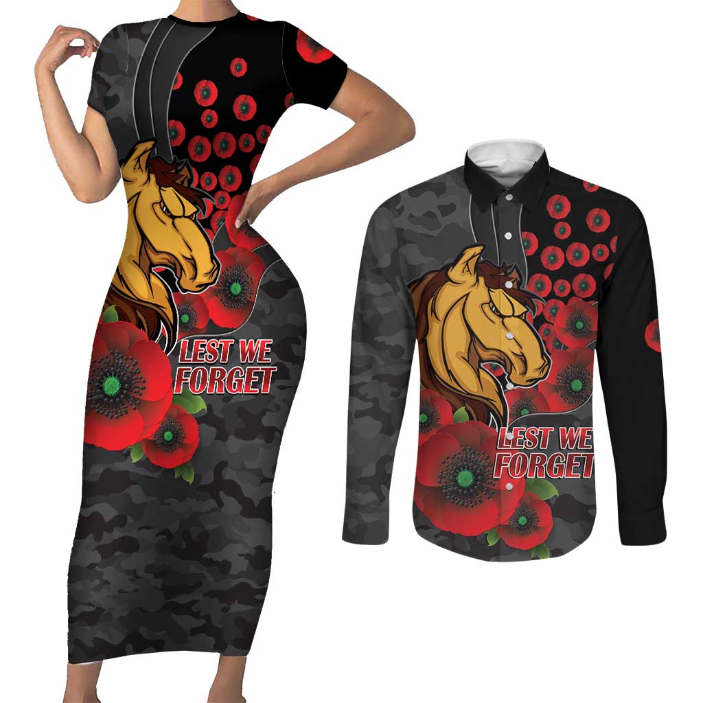 Brisbane Broncos ANZAC Personalised Couples Matching Short Sleeve Bodycon Dress and Long Sleeve Button Shirt Lest We Forget Poppy Camo