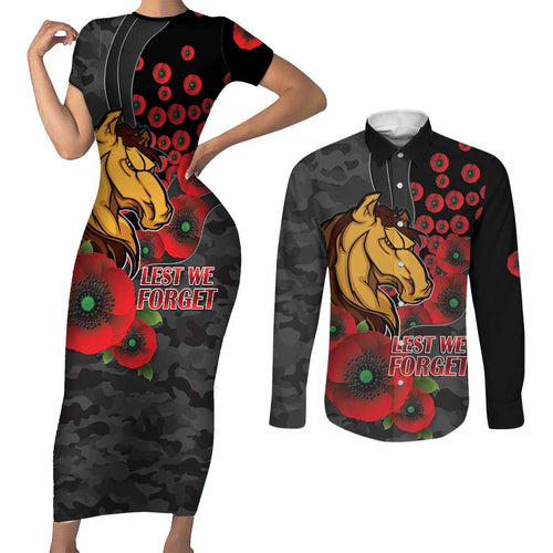 Brisbane Broncos ANZAC Personalised Couples Matching Short Sleeve Bodycon Dress and Long Sleeve Button Shirt Lest We Forget Poppy Camo