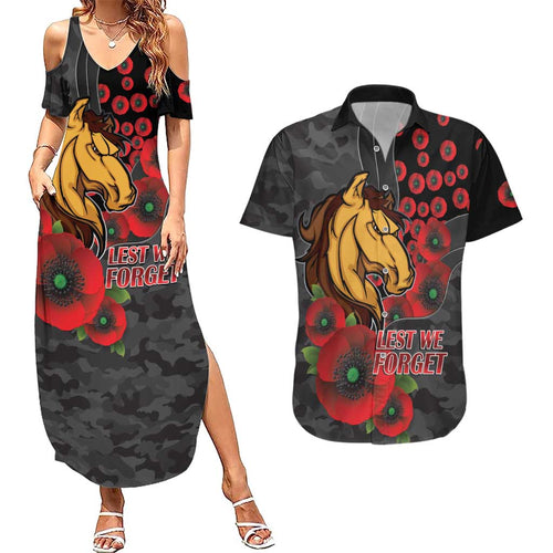 Brisbane Broncos ANZAC Personalised Couples Matching Summer Maxi Dress and Hawaiian Shirt Lest We Forget Poppy Camo