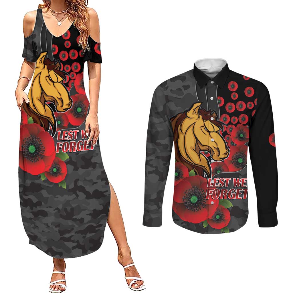 Brisbane Broncos ANZAC Personalised Couples Matching Summer Maxi Dress and Long Sleeve Button Shirt Lest We Forget Poppy Camo