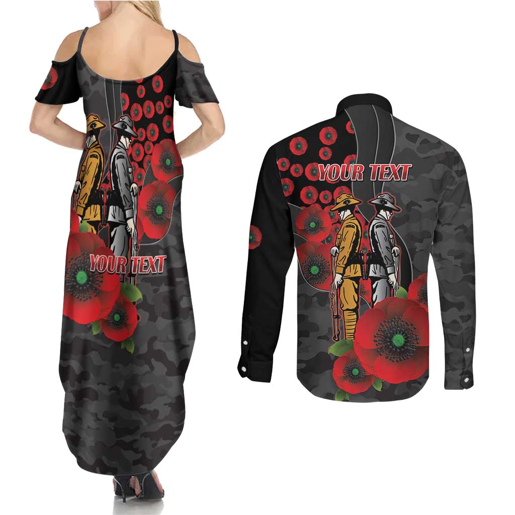 Brisbane Broncos ANZAC Personalised Couples Matching Summer Maxi Dress and Long Sleeve Button Shirt Lest We Forget Poppy Camo