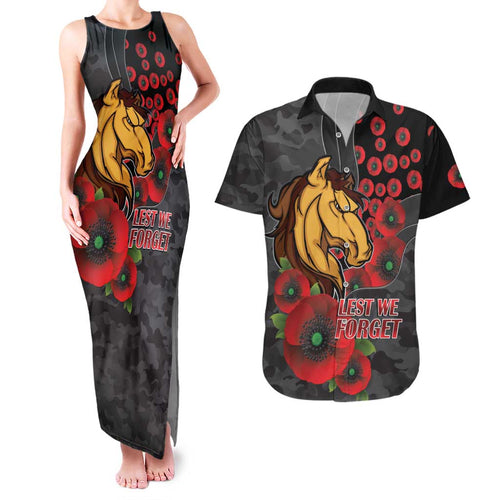 Brisbane Broncos ANZAC Personalised Couples Matching Tank Maxi Dress and Hawaiian Shirt Lest We Forget Poppy Camo
