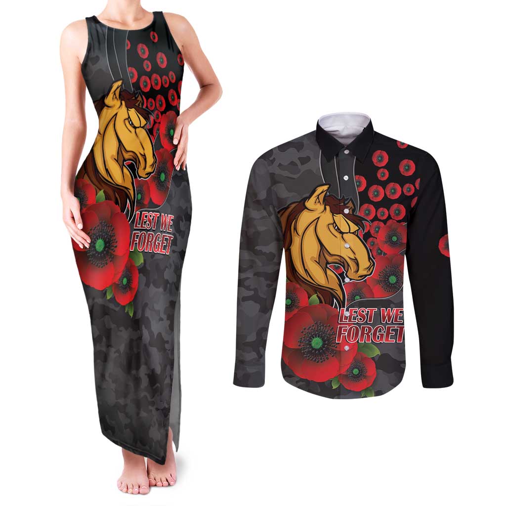 Brisbane Broncos ANZAC Personalised Couples Matching Tank Maxi Dress and Long Sleeve Button Shirt Lest We Forget Poppy Camo