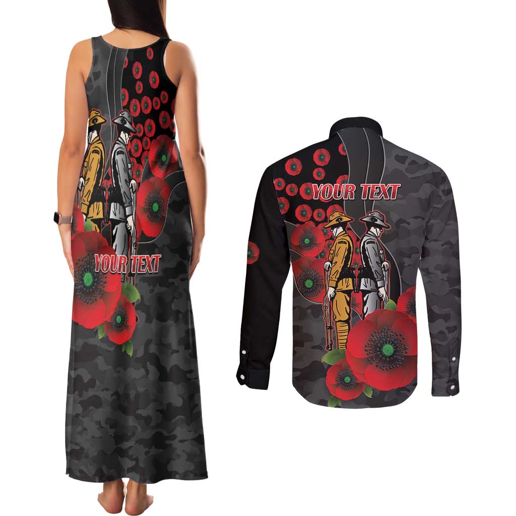 Brisbane Broncos ANZAC Personalised Couples Matching Tank Maxi Dress and Long Sleeve Button Shirt Lest We Forget Poppy Camo