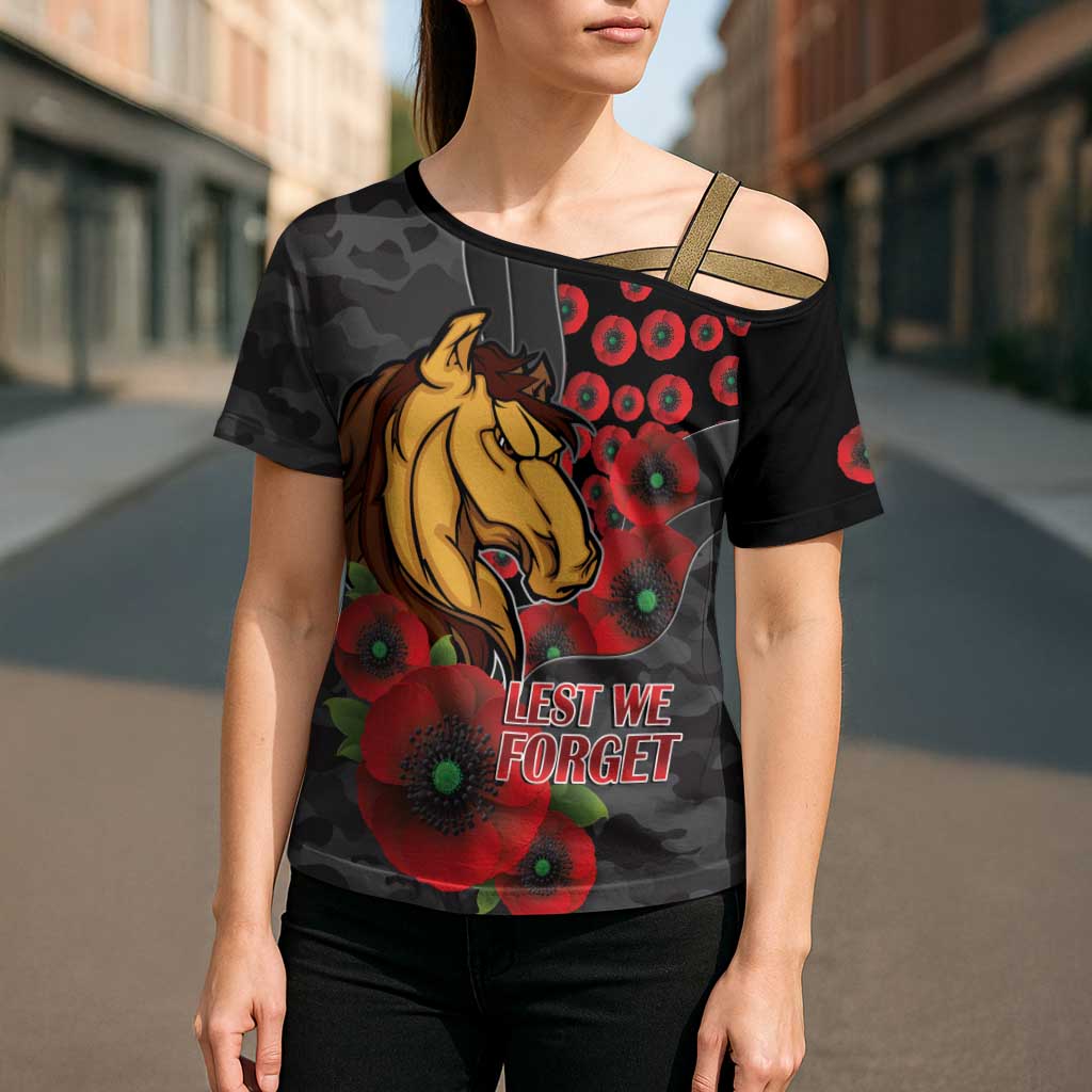 Brisbane Broncos ANZAC Personalised Cross Shoulder Shirt Lest We Forget Poppy Camo