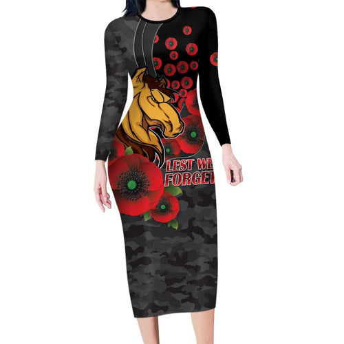 Brisbane Broncos ANZAC Personalised Family Matching Long Sleeve Bodycon Dress and Hawaiian Shirt Lest We Forget Poppy Camo