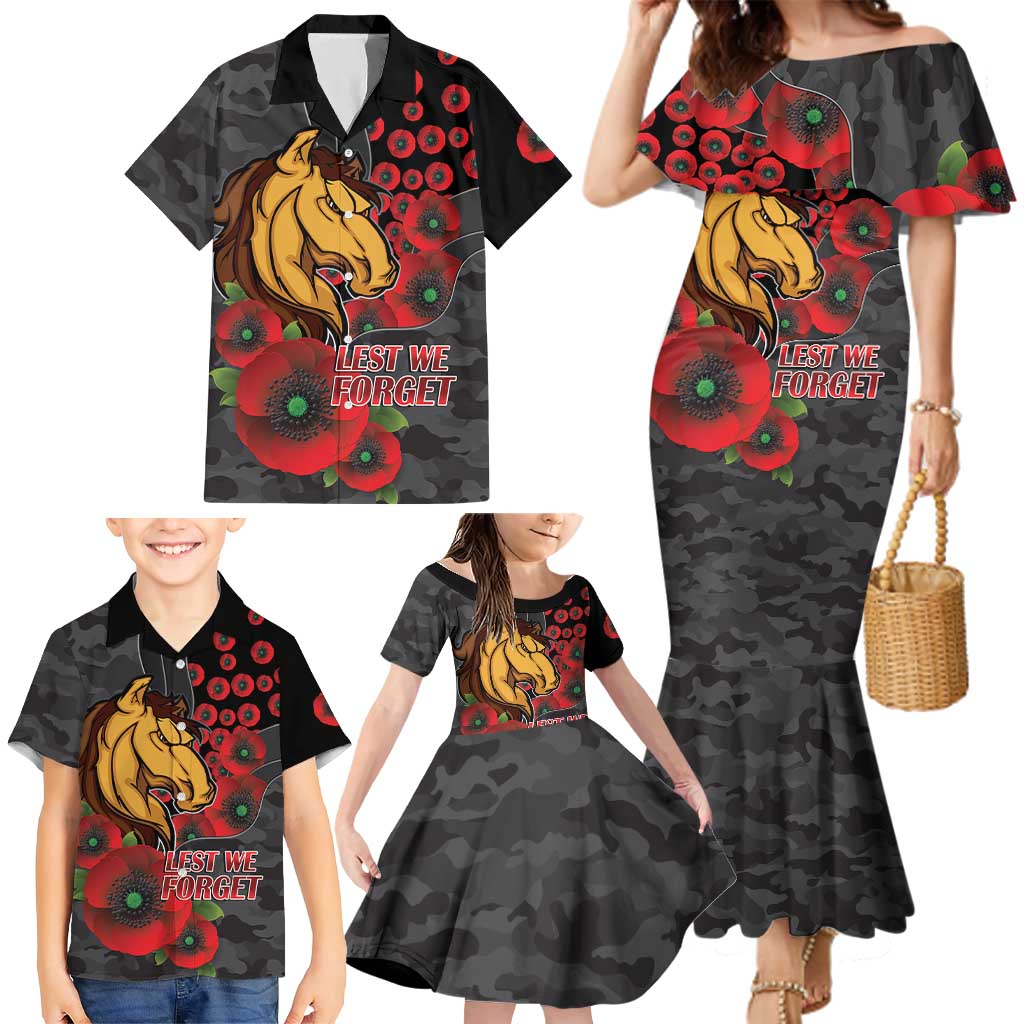 Brisbane Broncos ANZAC Personalised Family Matching Mermaid Dress and Hawaiian Shirt Lest We Forget Poppy Camo