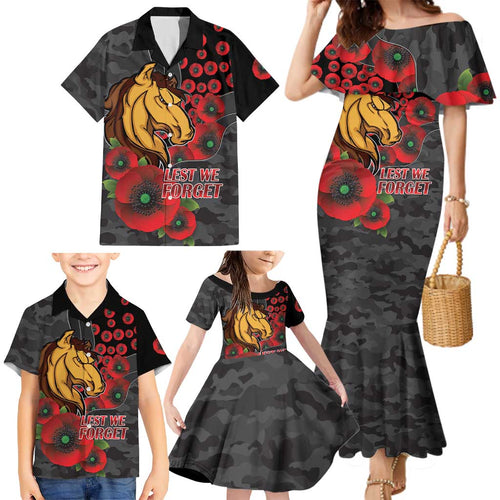 Brisbane Broncos ANZAC Personalised Family Matching Mermaid Dress and Hawaiian Shirt Lest We Forget Poppy Camo