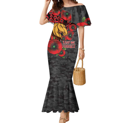 Brisbane Broncos ANZAC Personalised Family Matching Mermaid Dress and Hawaiian Shirt Lest We Forget Poppy Camo