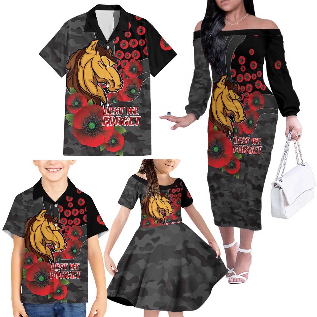 Brisbane Broncos ANZAC Personalised Family Matching Off The Shoulder Long Sleeve Dress and Hawaiian Shirt Lest We Forget Poppy Camo