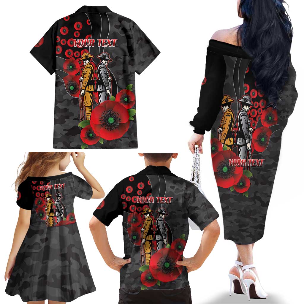 Brisbane Broncos ANZAC Personalised Family Matching Off The Shoulder Long Sleeve Dress and Hawaiian Shirt Lest We Forget Poppy Camo