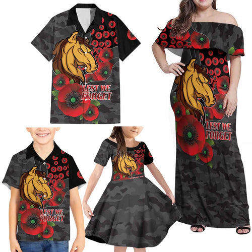Brisbane Broncos ANZAC Personalised Family Matching Off Shoulder Maxi Dress and Hawaiian Shirt Lest We Forget Poppy Camo
