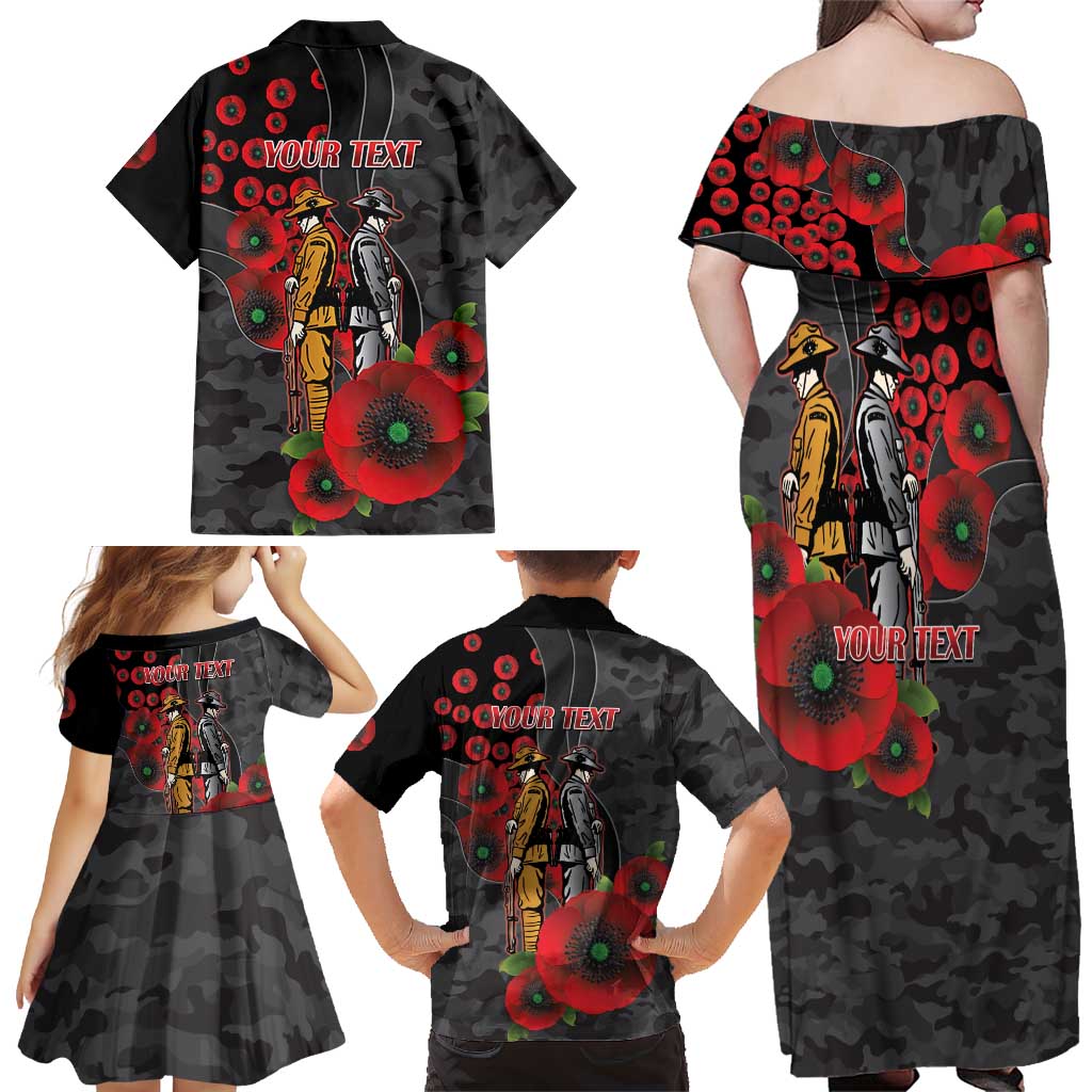 Brisbane Broncos ANZAC Personalised Family Matching Off Shoulder Maxi Dress and Hawaiian Shirt Lest We Forget Poppy Camo