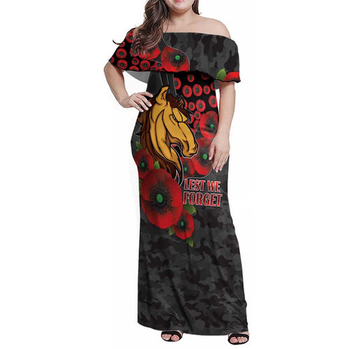 Brisbane Broncos ANZAC Personalised Family Matching Off Shoulder Maxi Dress and Hawaiian Shirt Lest We Forget Poppy Camo