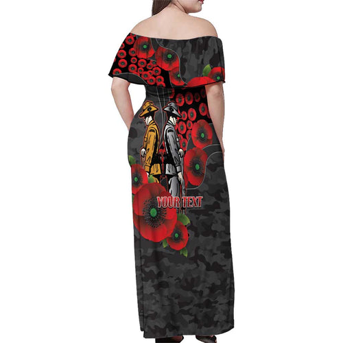 Brisbane Broncos ANZAC Personalised Family Matching Off Shoulder Maxi Dress and Hawaiian Shirt Lest We Forget Poppy Camo