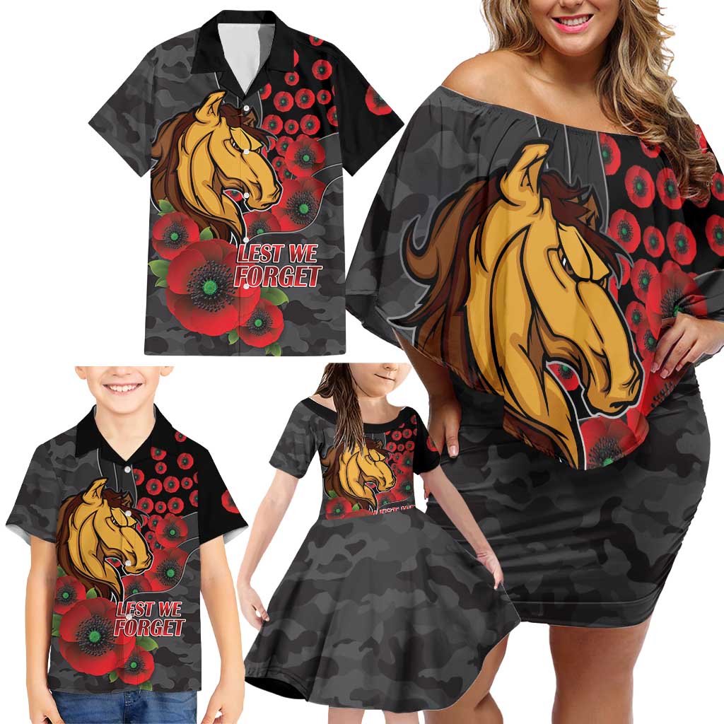 Brisbane Broncos ANZAC Personalised Family Matching Off Shoulder Short Dress and Hawaiian Shirt Lest We Forget Poppy Camo