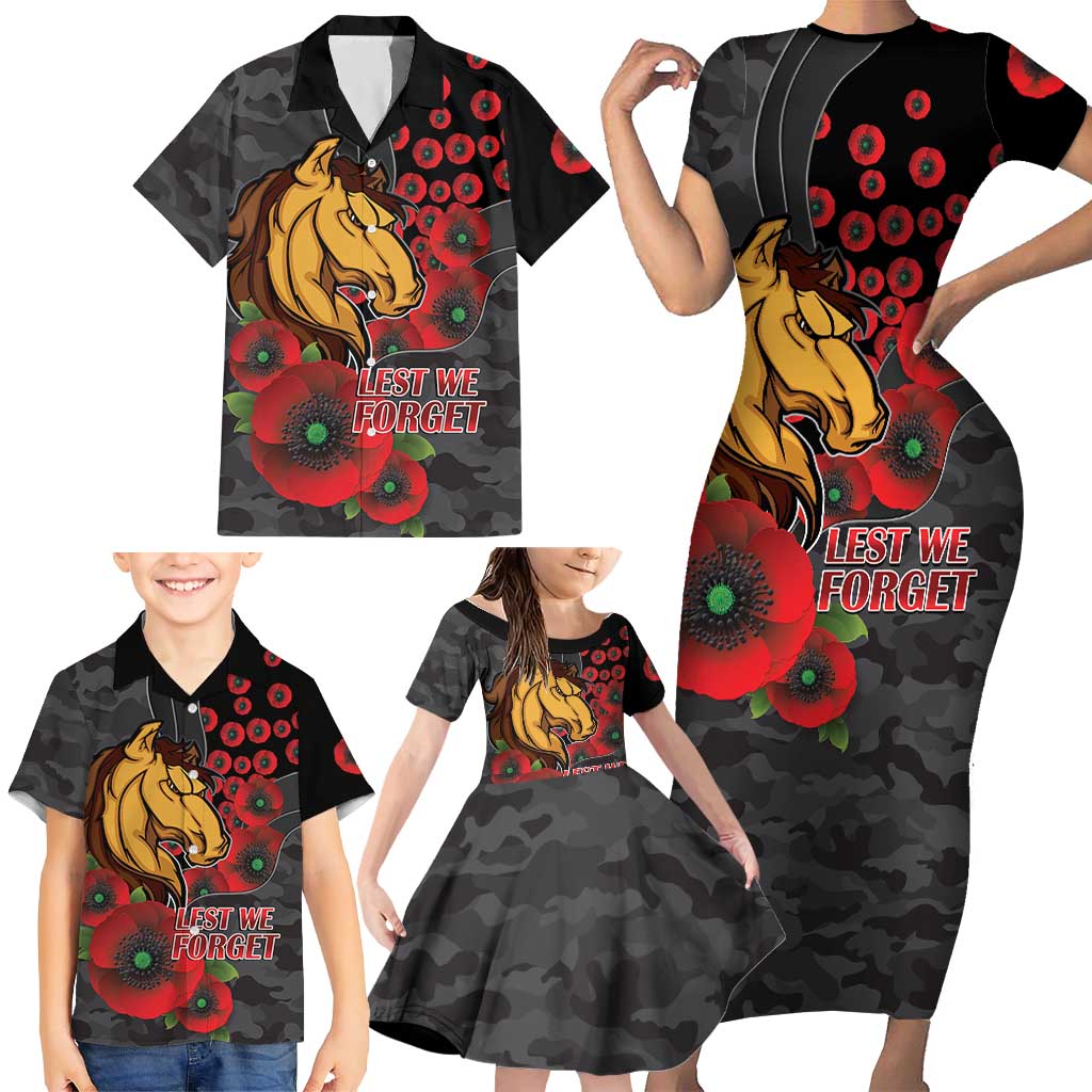 Brisbane Broncos ANZAC Personalised Family Matching Short Sleeve Bodycon Dress and Hawaiian Shirt Lest We Forget Poppy Camo