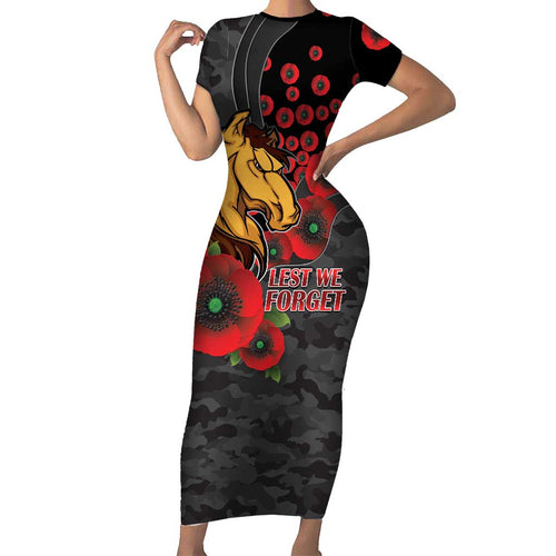 Brisbane Broncos ANZAC Personalised Family Matching Short Sleeve Bodycon Dress and Hawaiian Shirt Lest We Forget Poppy Camo