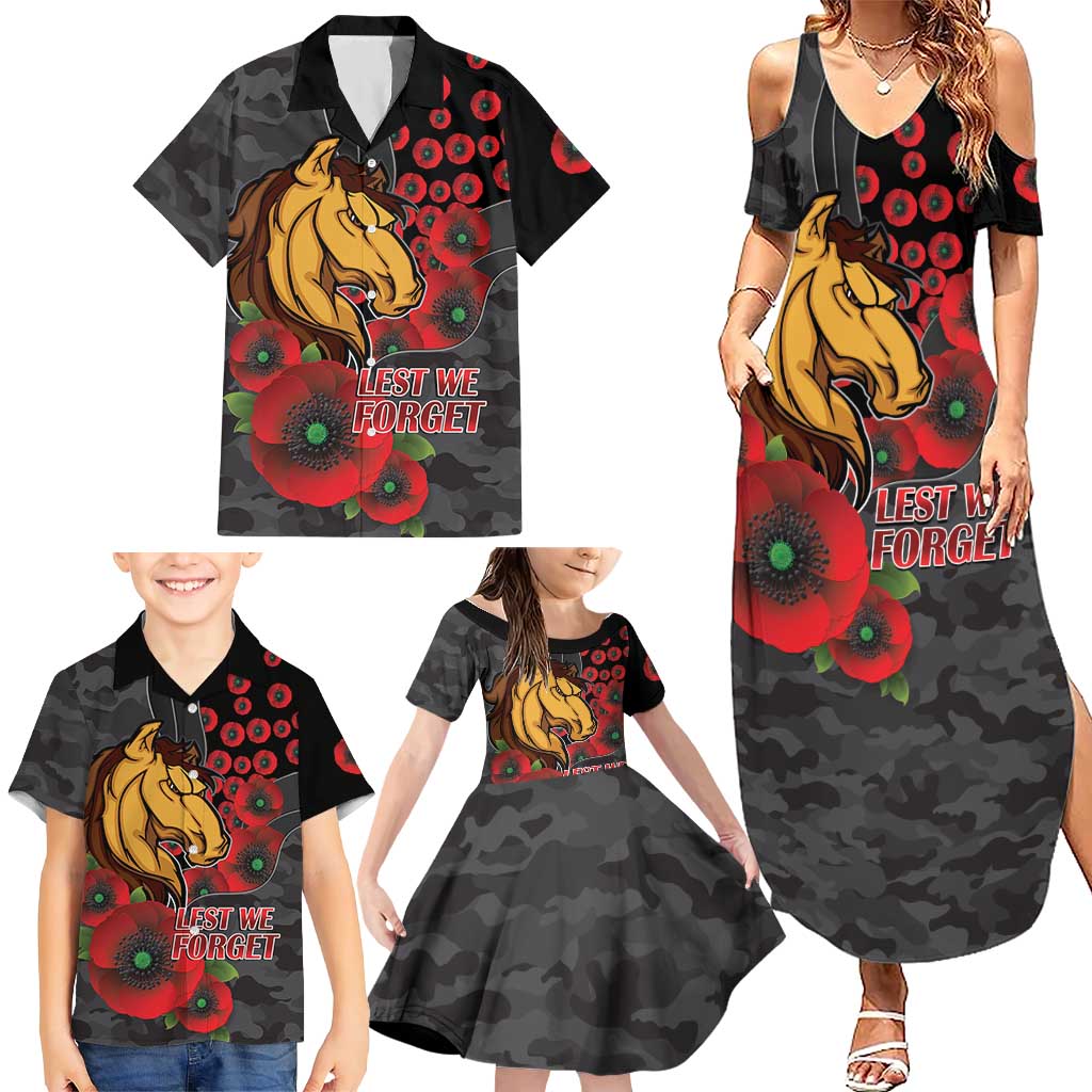 Brisbane Broncos ANZAC Personalised Family Matching Summer Maxi Dress and Hawaiian Shirt Lest We Forget Poppy Camo