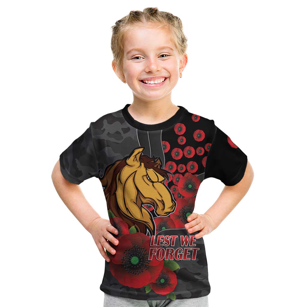 Brisbane Broncos ANZAC Personalised Kid T Shirt Lest We Forget Poppy Camo