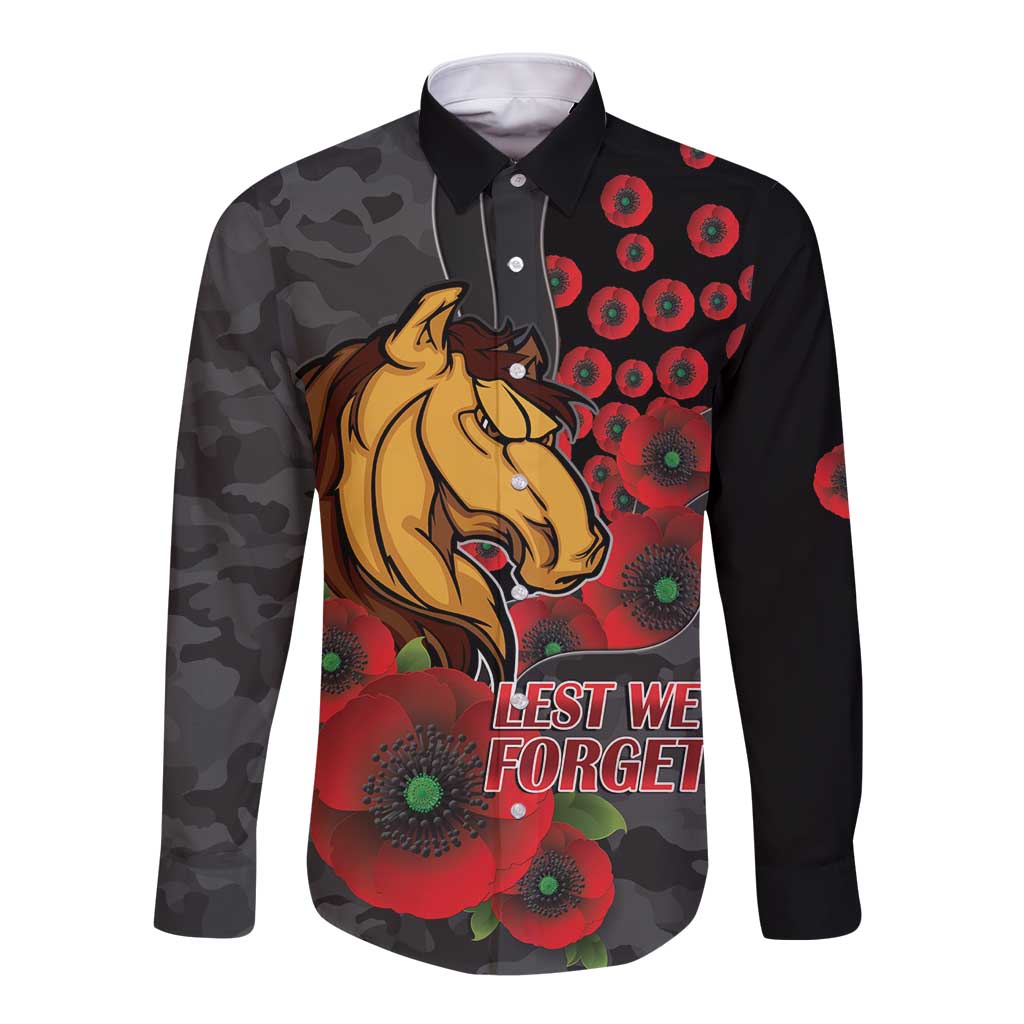 Brisbane Broncos ANZAC Personalised Long Sleeve Button Shirt Lest We Forget Poppy Camo