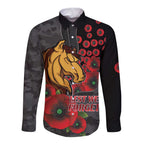 Brisbane Broncos ANZAC Personalised Long Sleeve Button Shirt Lest We Forget Poppy Camo