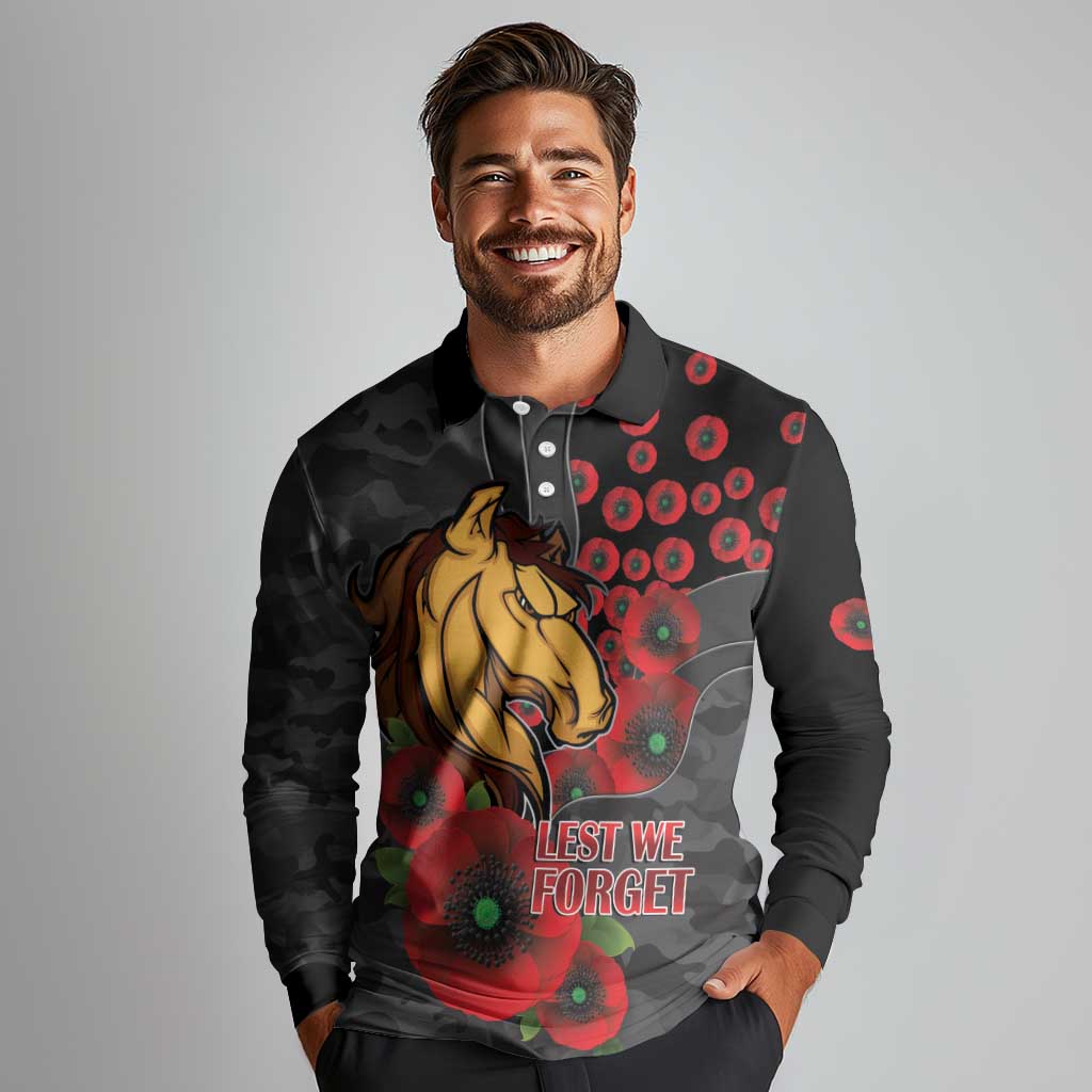 Brisbane Broncos ANZAC Personalised Long Sleeve Polo Shirt Lest We Forget Poppy Camo