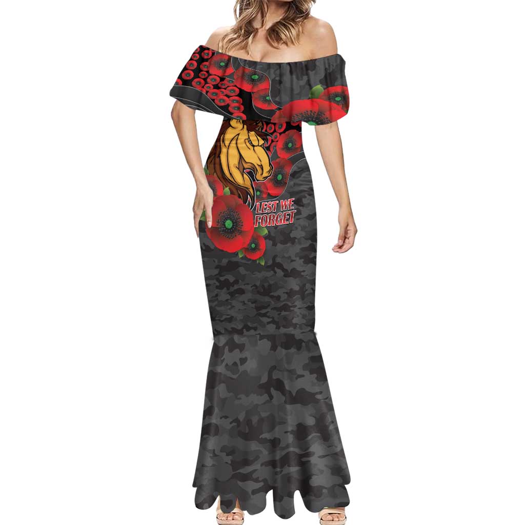 Brisbane Broncos ANZAC Personalised Mermaid Dress Lest We Forget Poppy Camo
