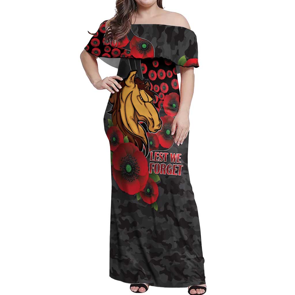 Brisbane Broncos ANZAC Personalised Off Shoulder Maxi Dress Lest We Forget Poppy Camo