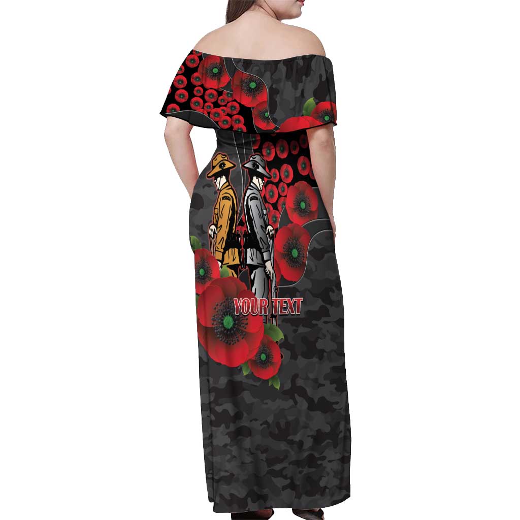 Brisbane Broncos ANZAC Personalised Off Shoulder Maxi Dress Lest We Forget Poppy Camo